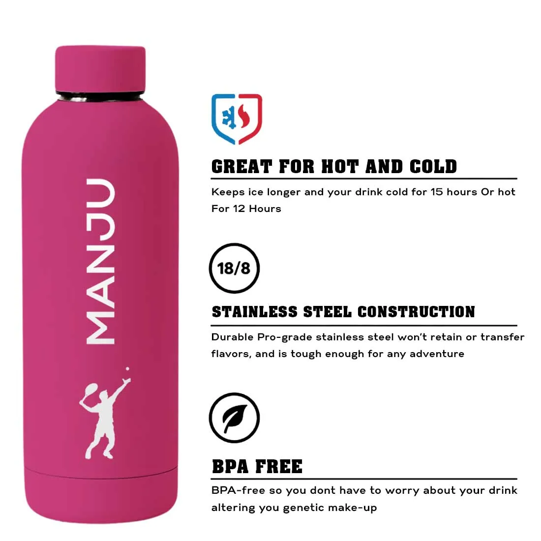 Bottle with Name Stainless Steel Double Insulated Water Bottles for Travel Office Gym Home - BPA Free, Leakproof